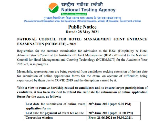 NCHM JEE 2021 Registration Deadline Extended, Apply on or before 20th June